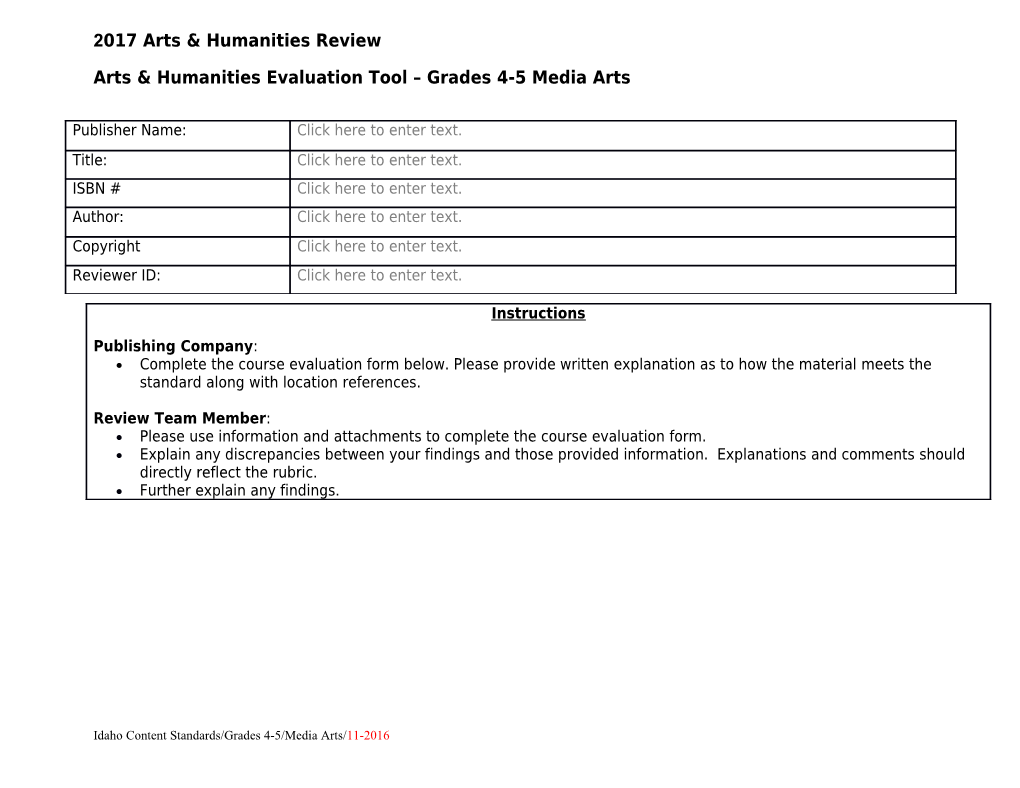 Arts & Humanities Evaluation Tool Grades 4-5Media Arts