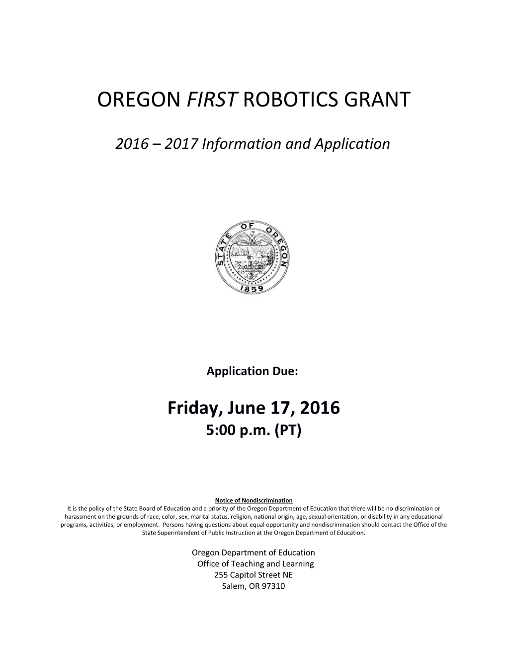 FIRST Robotics Grant RFP, 2016-17
