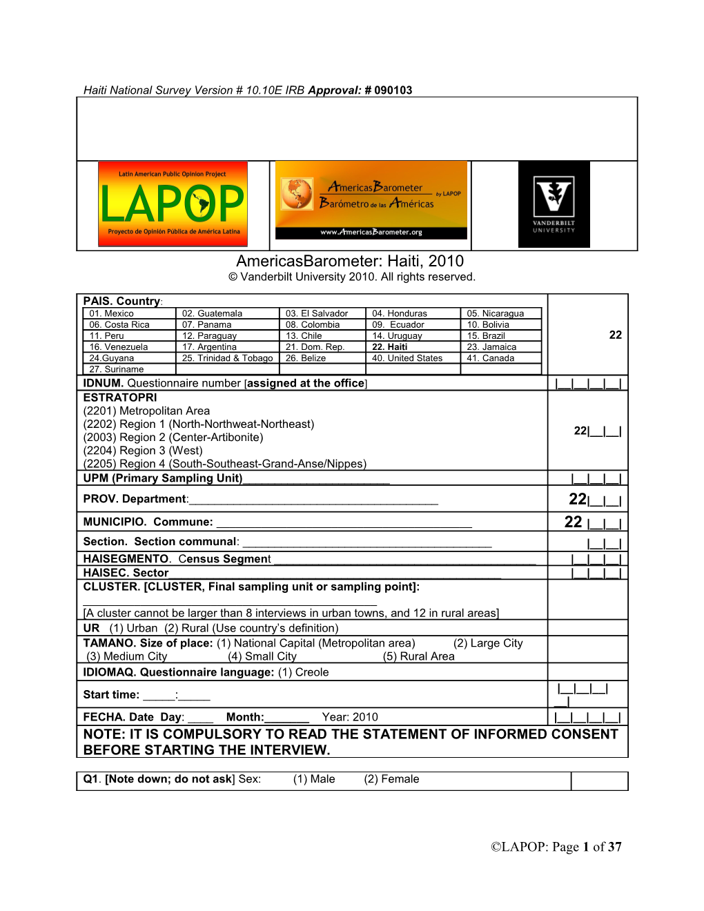 Haitinational Survey Version # 10.10EIRB Approval: #090103