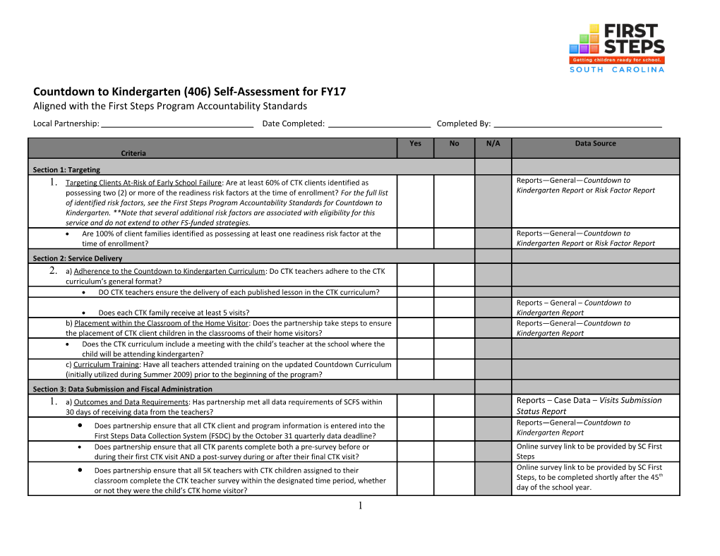 Countdown to Kindergarten (406) Self-Assessment for FY17