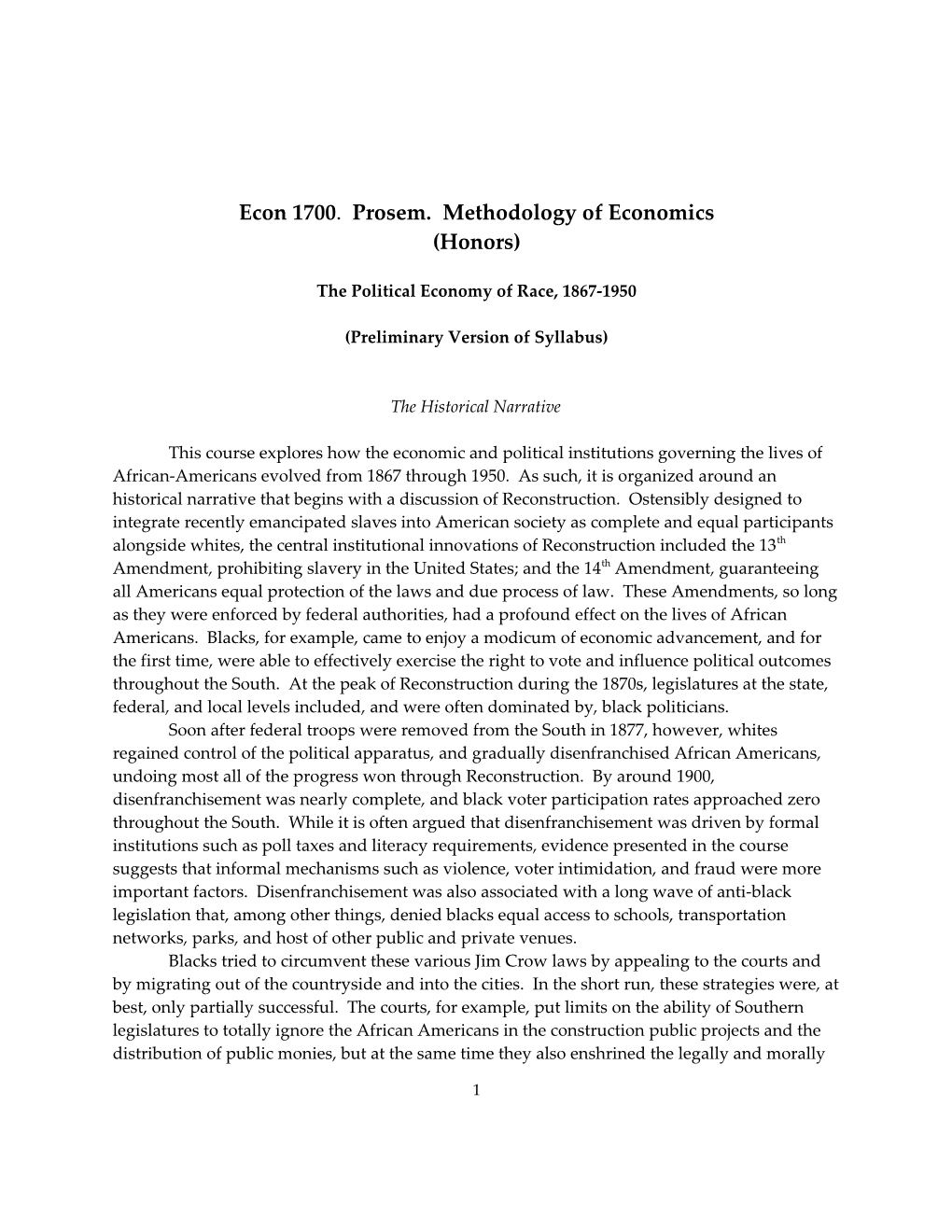 Econ 1700. Prosem. Methodology of Economics