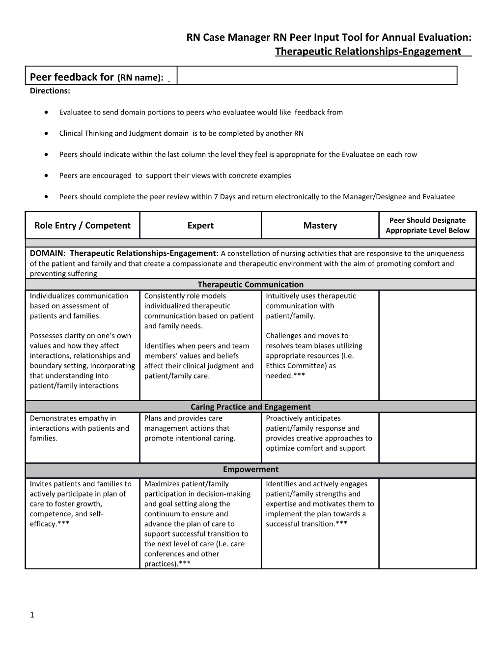 RN Case Managerrn Peer Input Tool for Annual Evaluation: Therapeutic Relationships-Engagement