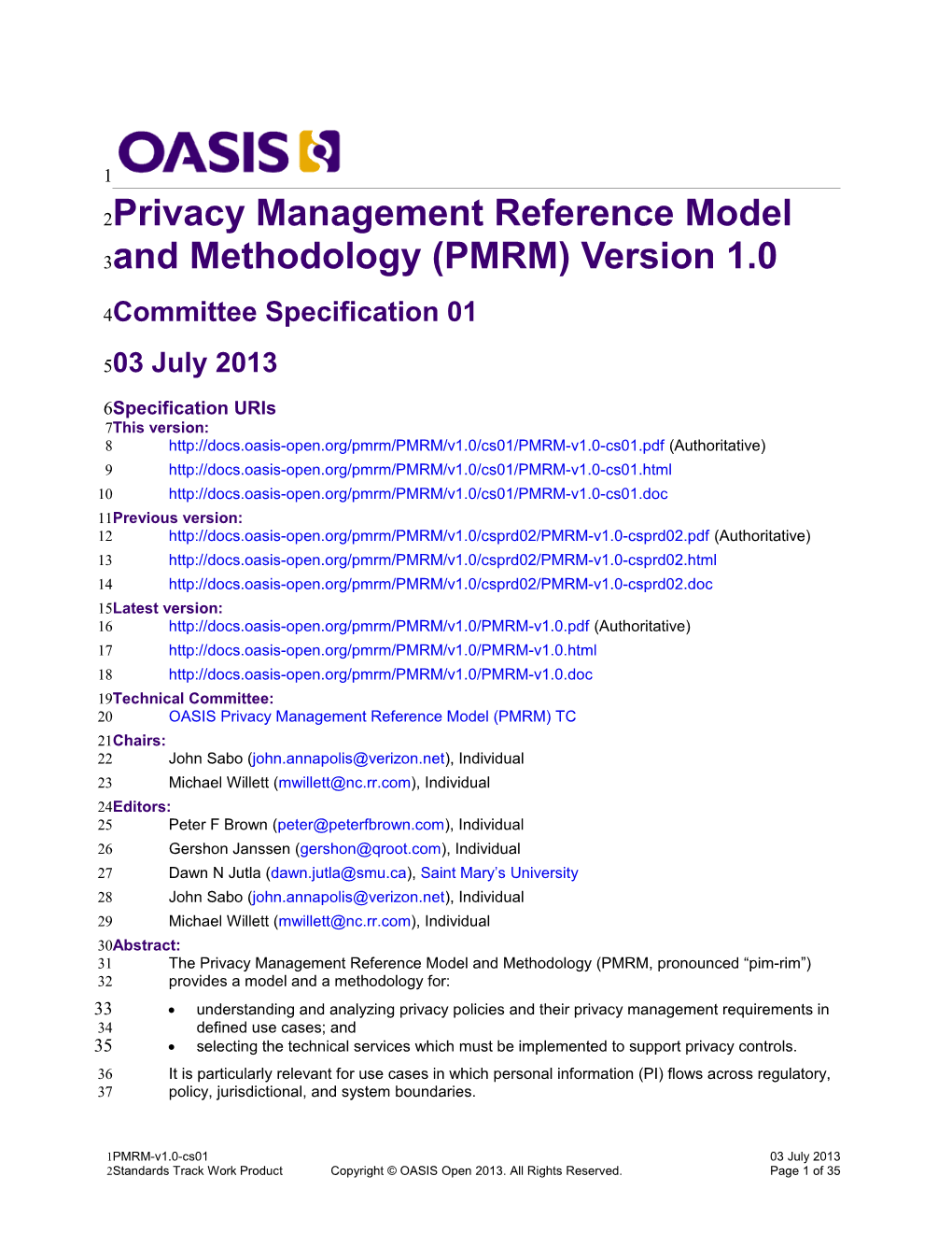 Privacy Management Reference Model and Methodology (PMRM) Version 1.0