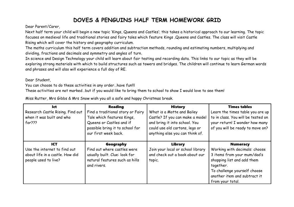 Doves & Penguinshalf Term Homework Grid