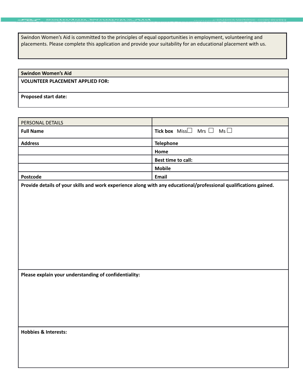 This Application, When Completed, Should Be Sent To: Applications Swindon Women S Aid PO