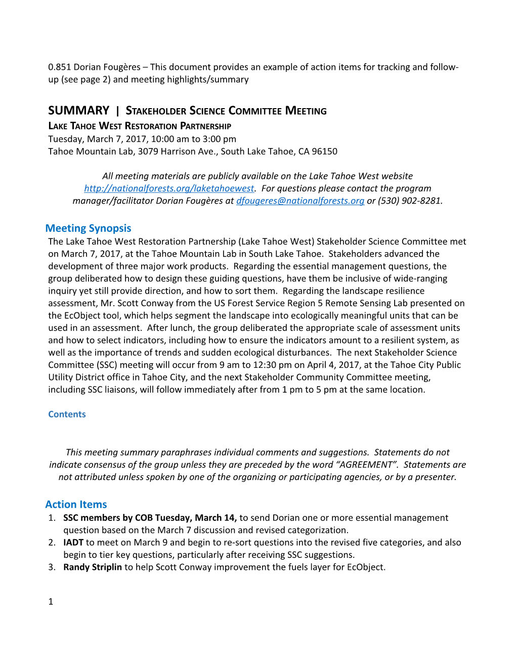 SUMMARY Stakeholder Science Committeemeeting