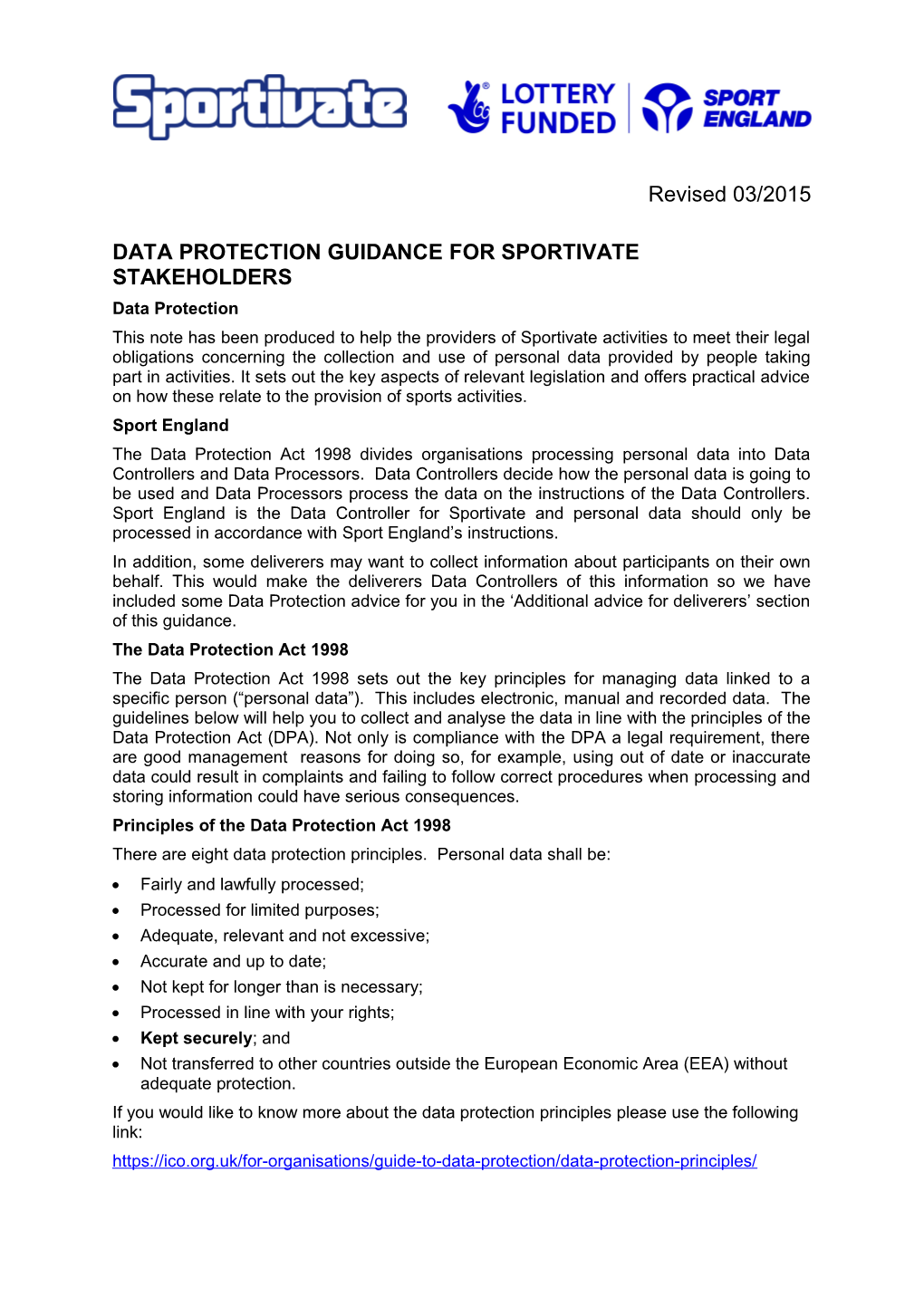 Data Protection Guidance for Sportivate Stakeholders