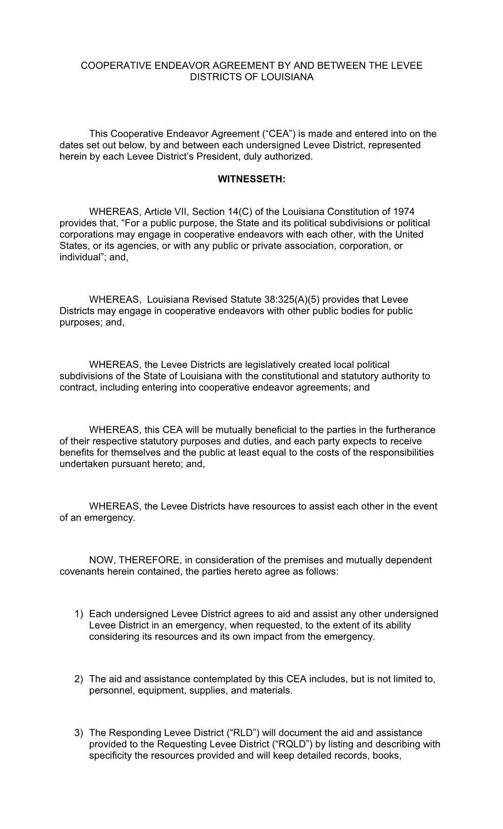 Cooperative Endeavor Agreement by and Between the Levee Districts of Louisiana