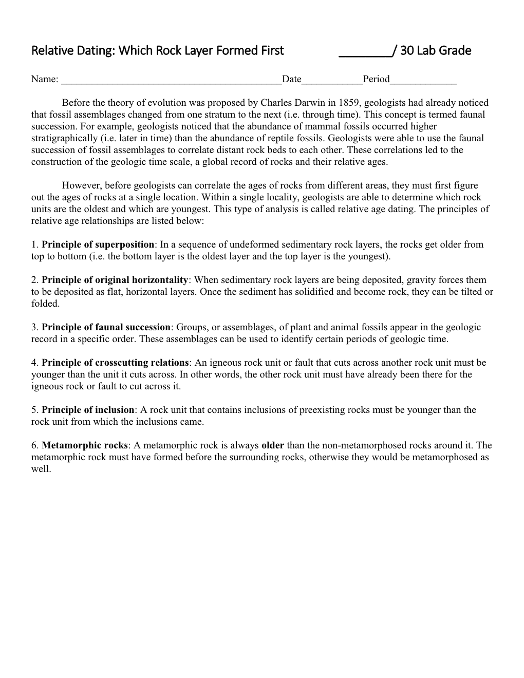 Relative Dating: Which Rock Layer Formed First ______/ 30 Lab Grade