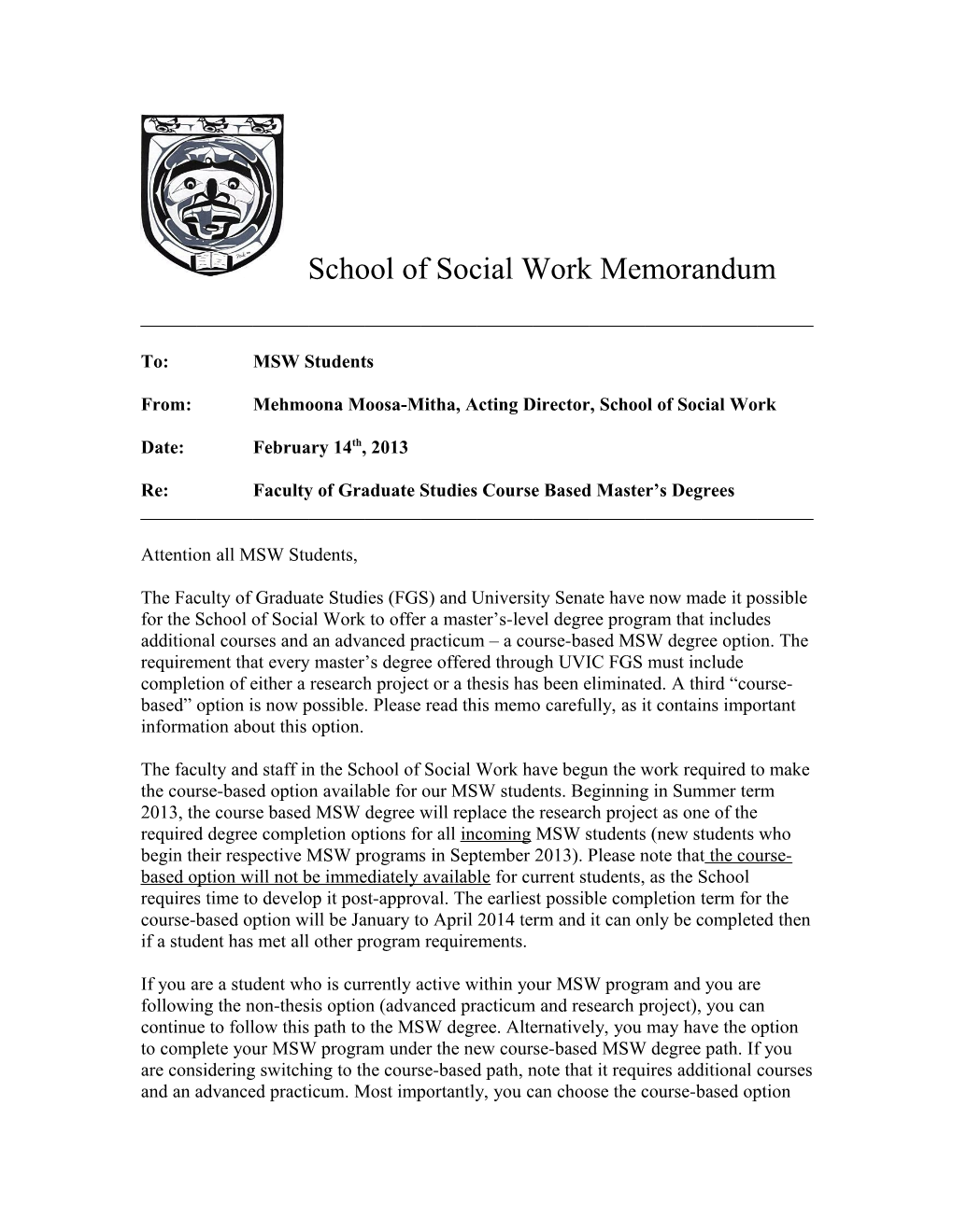 School of Social Work Memorandum