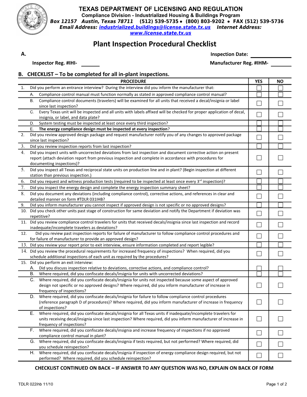 Plant Inspection Procedural Checklist