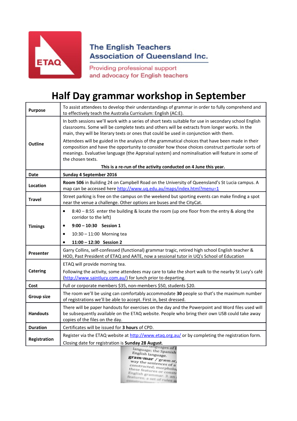 Half Day Grammar Workshop in September