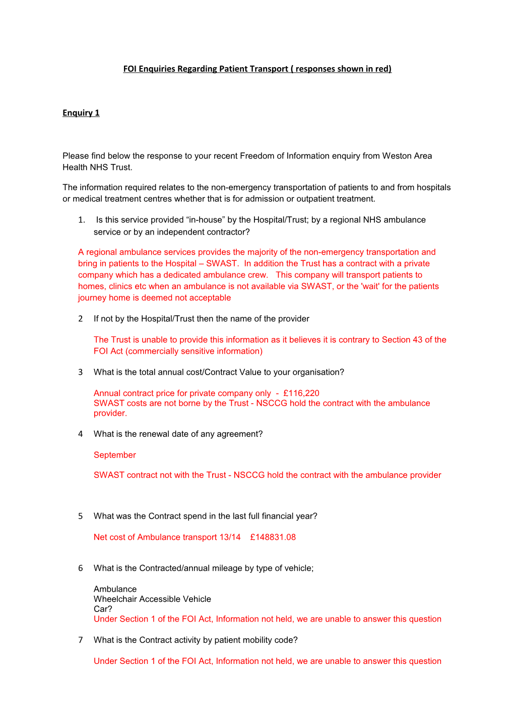 FOI Enquiries Regarding Patient Transport( Responses Shown in Red)