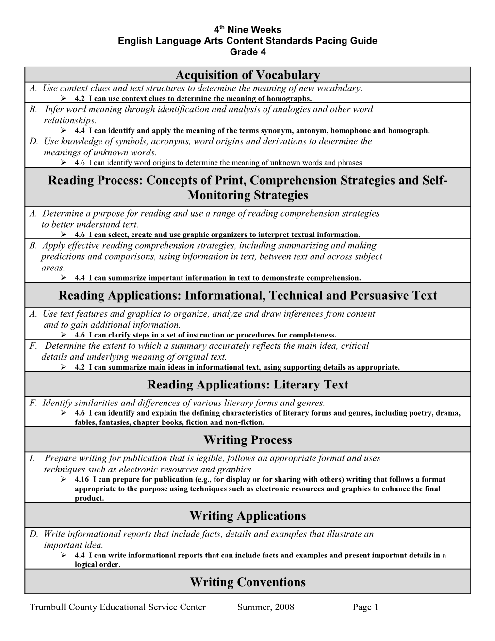 English Language Arts Content Standards Pacing Guide