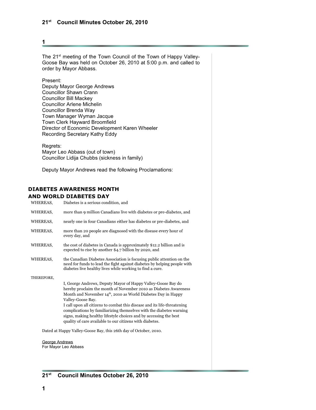 21St Council Minutes October 26, 2010 1