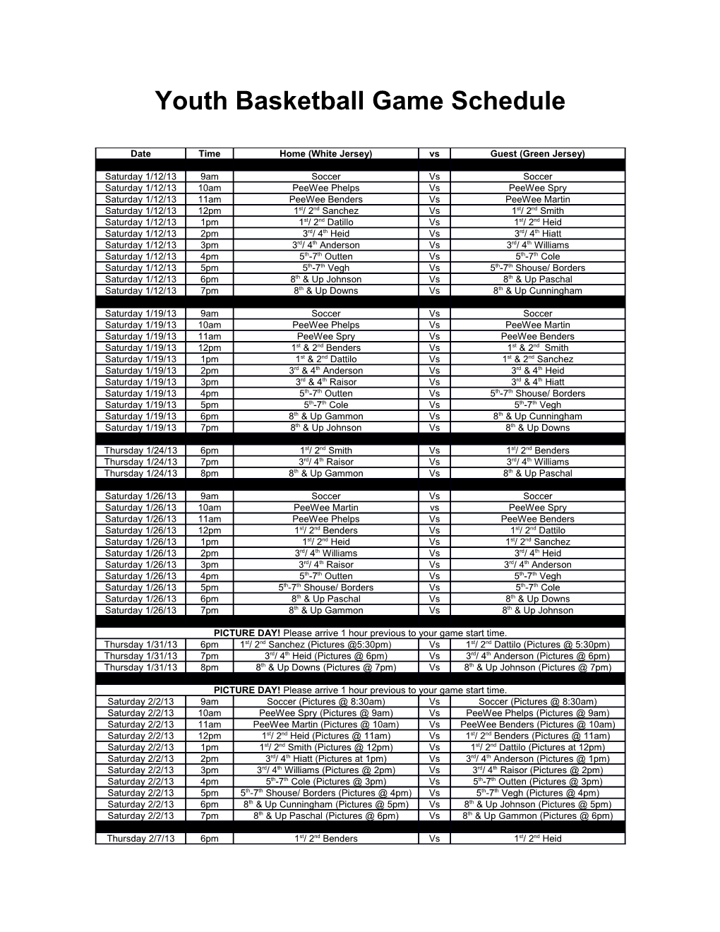 Youth Basketball Game Schedule