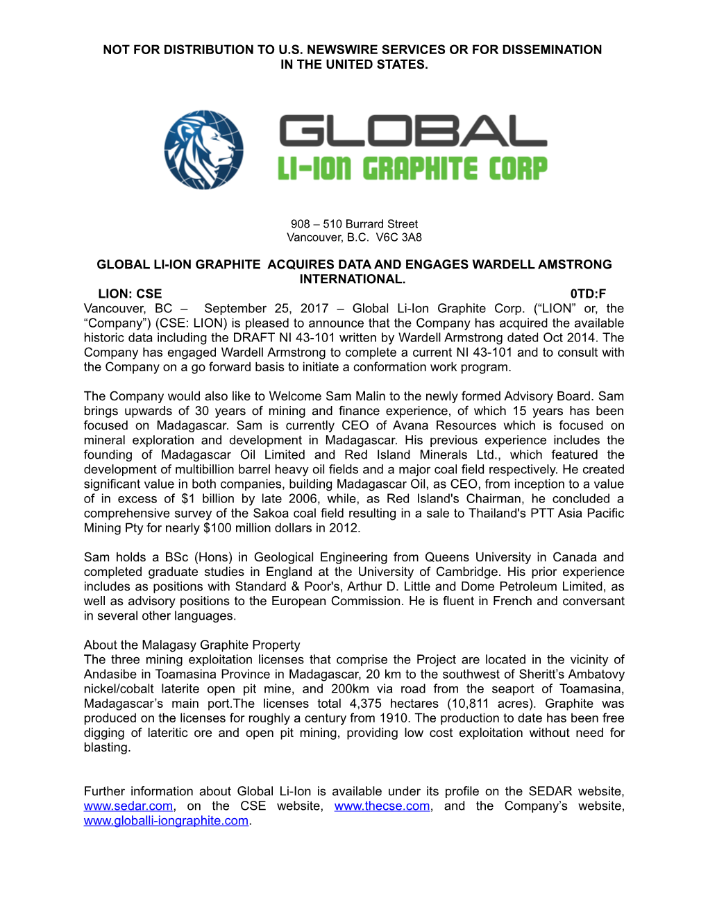 Global Li-Ion Graphite Acquiresdata and Engages Wardell Amstronginternational