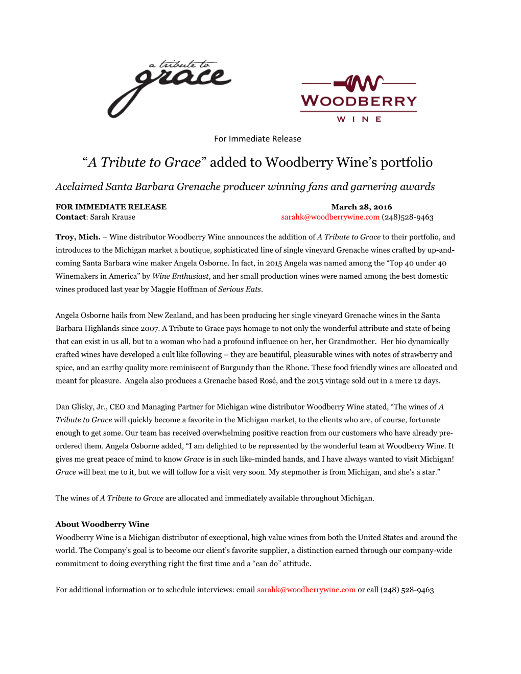 Atribute to Grace Added to Woodberry Wine S Portfolio