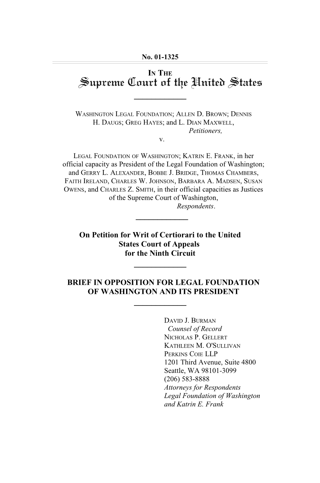 Brief in Opposition for Legal Foundation of Washington and Its President