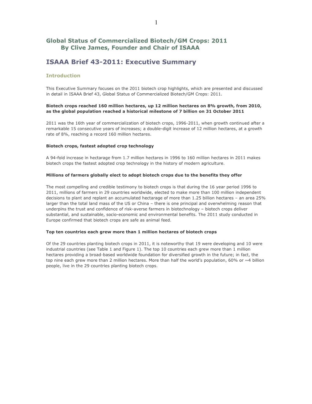 Global Status of Commercialized Biotech GM Crops in 2011