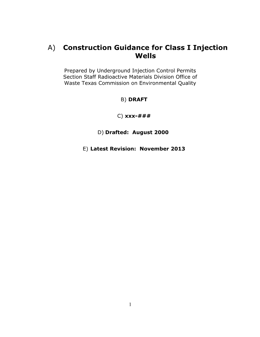 Construction Guidance for Class I Injection Wells