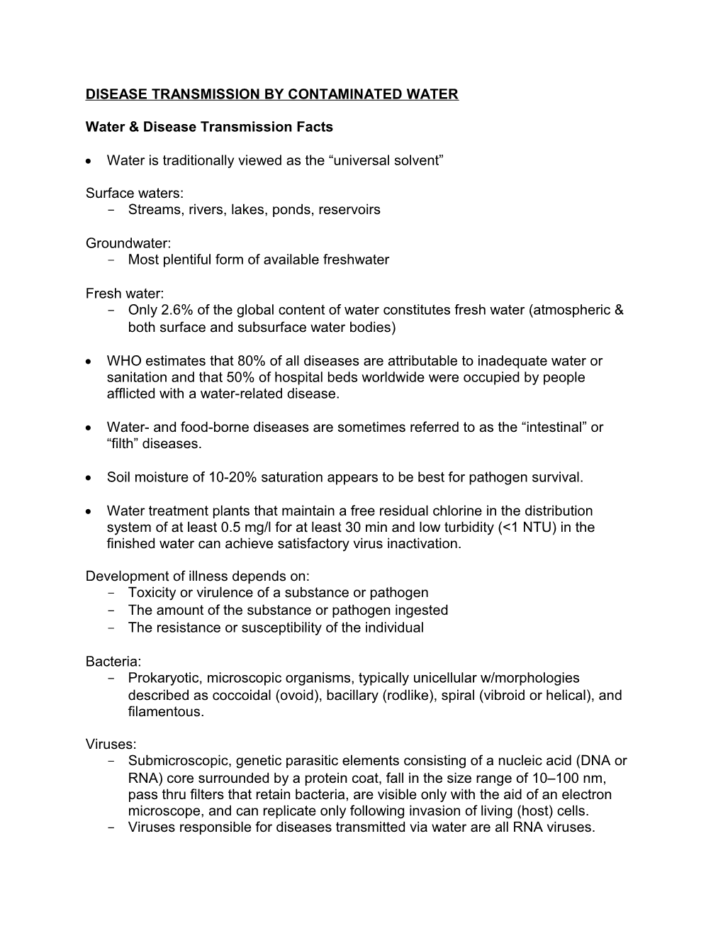 Disease Transmission by Contaminated Water