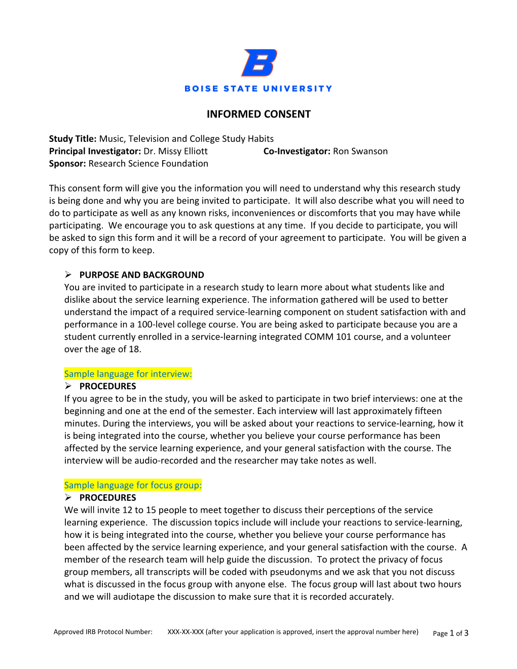 Sample: Standard Consent Form Format