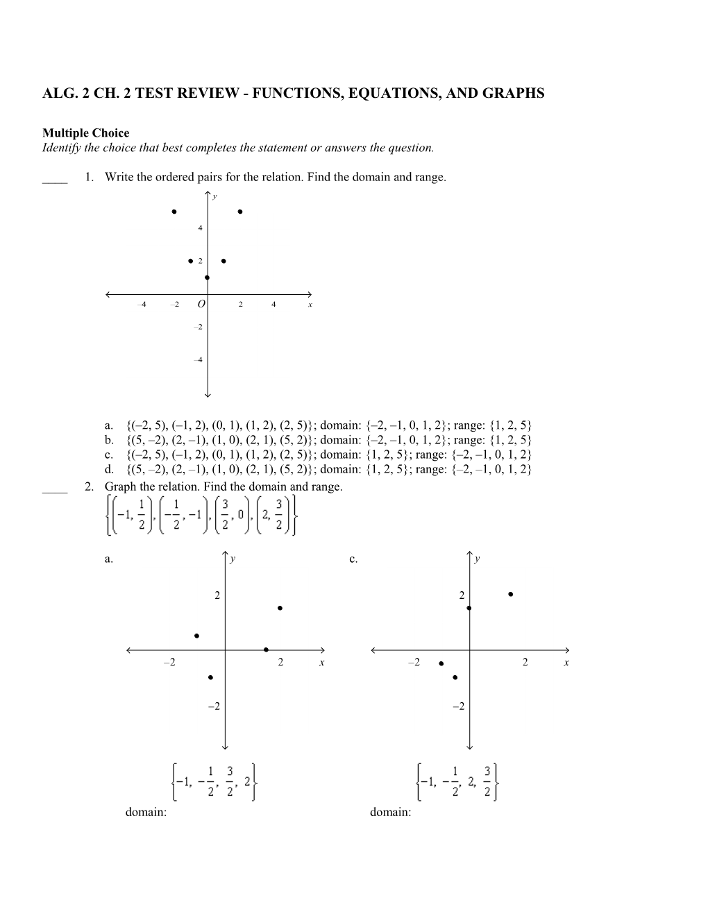 Alg. 2 Ch. 2 Test Review - Functions, Equations, and Graphs