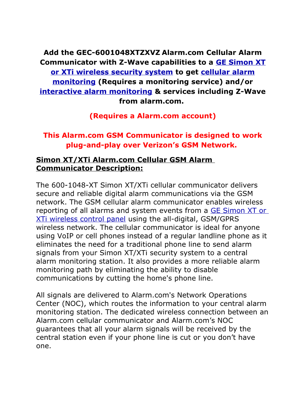 Simon XT/Xti Alarm.Com Cellular GSM Alarm Communicator Description