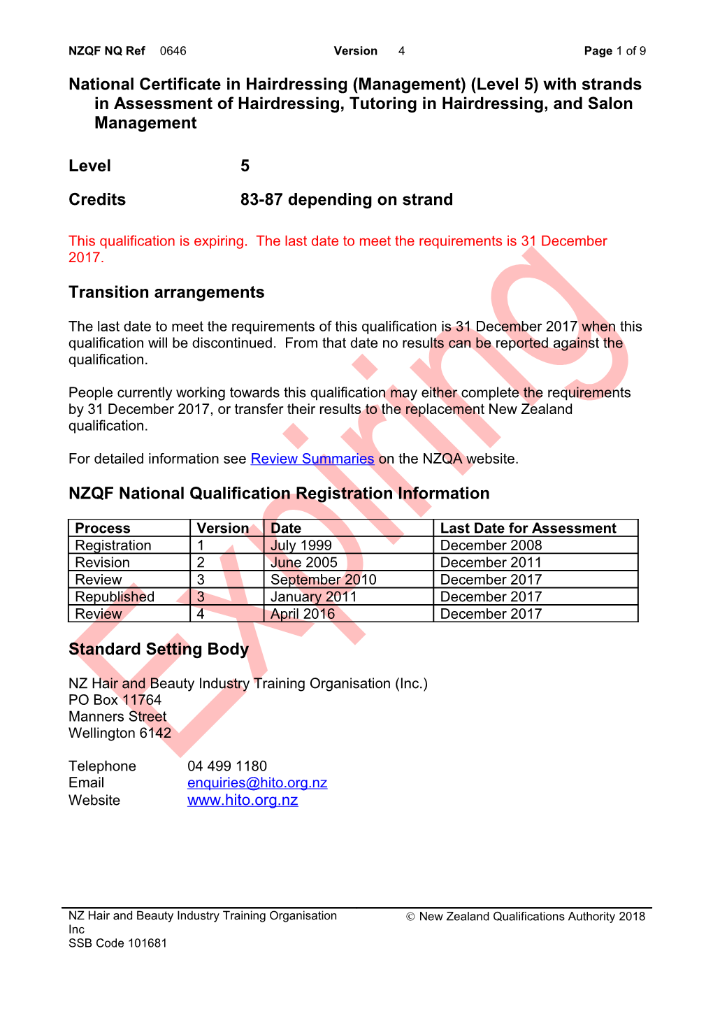 0646 National Certificate in Hairdressing (Management) (Level 5) with Strands in Assessment