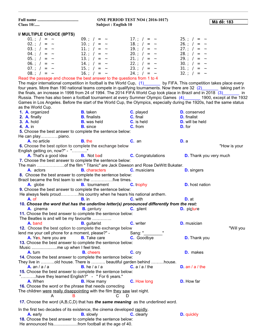 Full Name ONE PERIOD TEST NO4 ( 2016-1017)