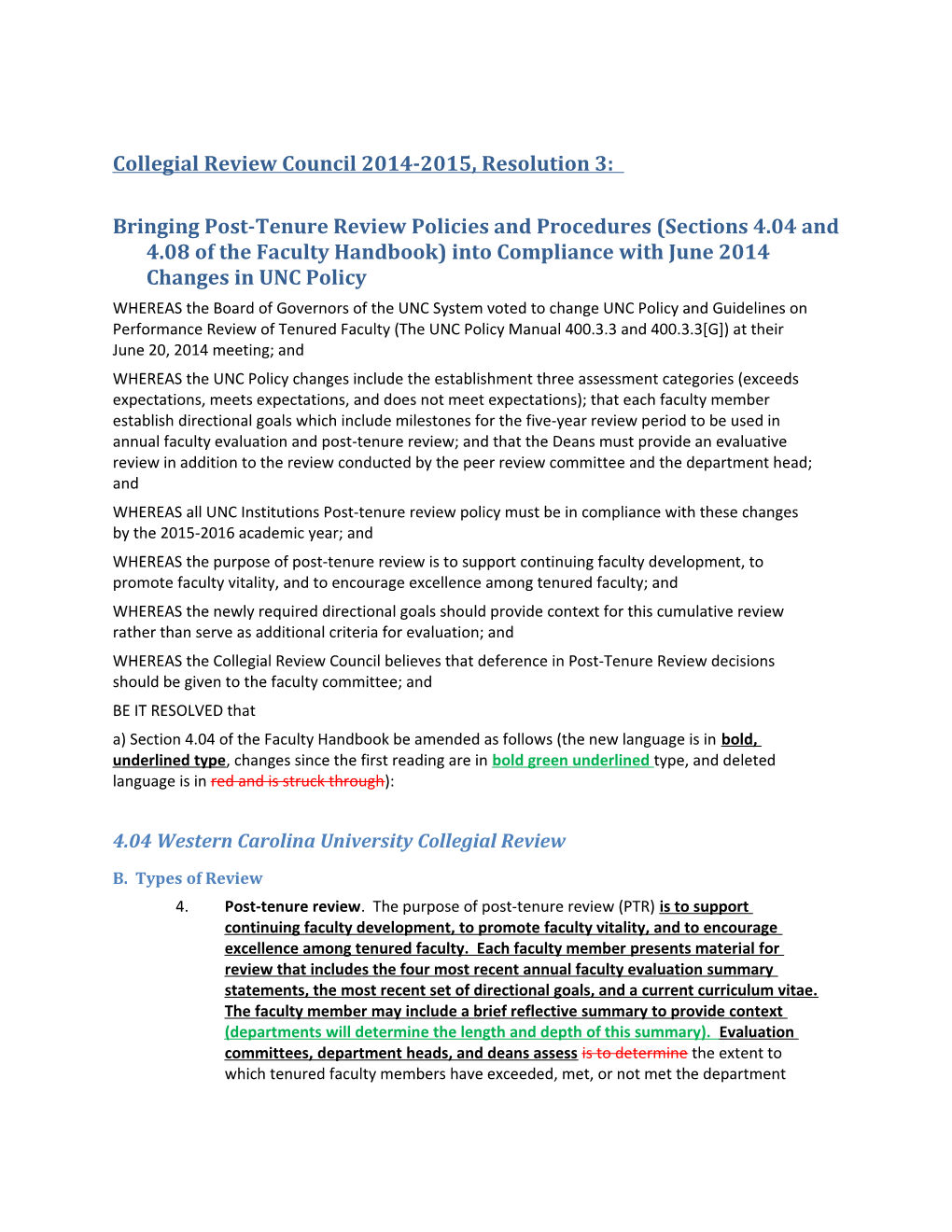 CRC Resolution3 Revised Forvote 4-23-2014 Post-Tenurereviewchanges Compliancetouncpolicy