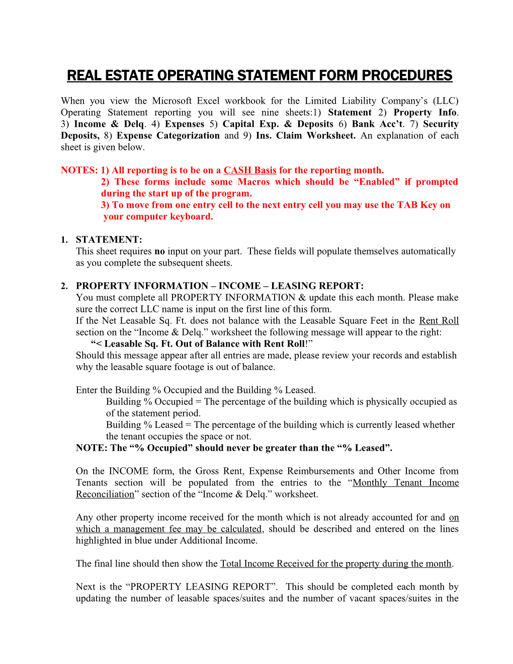 Real Estate Operating Statement Form Procedures