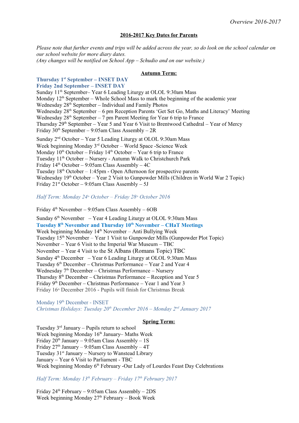 2016-2017 Key Dates for Parents