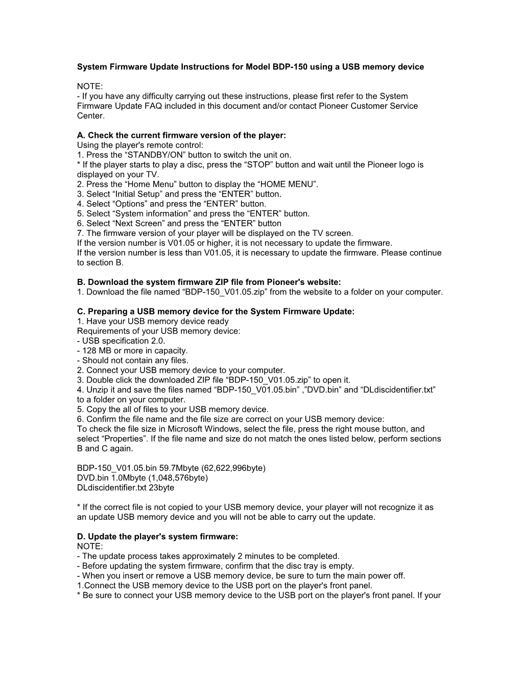 System Firmware Update Instructions for Model BDP-140 Using a USB Memory Device