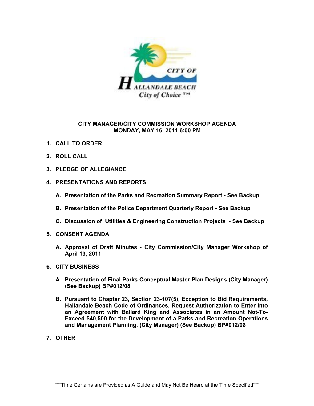 City Manager/City Commission Workshop Agenda