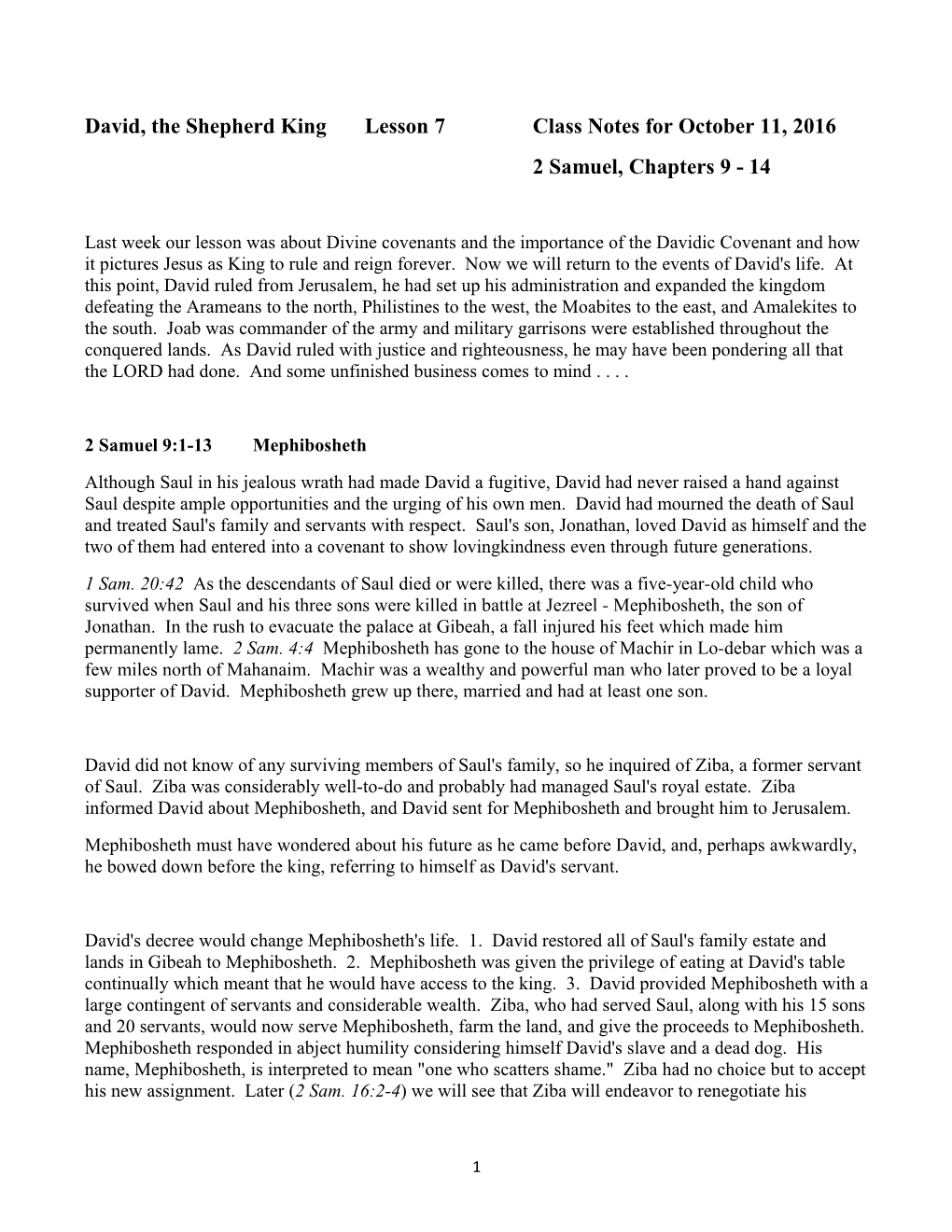 David, the Shepherd Kinglesson 7Class Notes for October 11, 2016