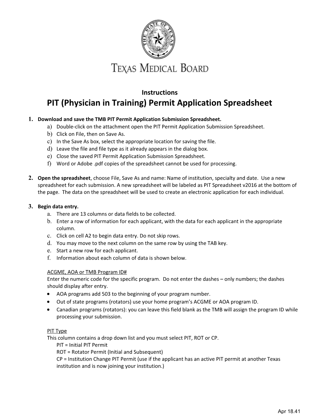 PIT (Physician in Training) Permit Application Spreadsheet