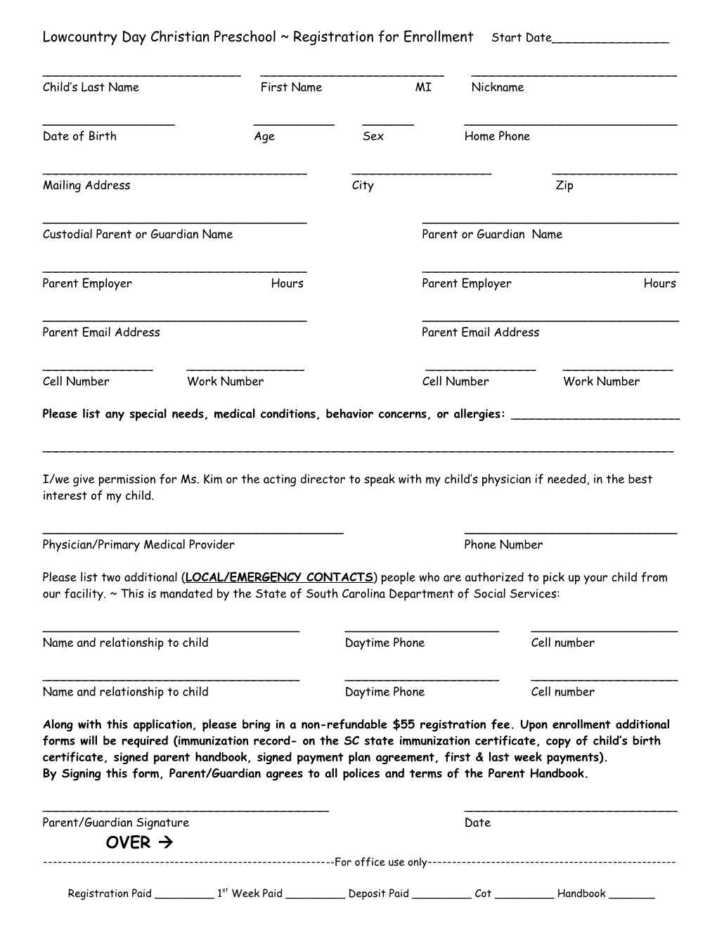 Lowcountry Day Registration/Enrollment Questionaire