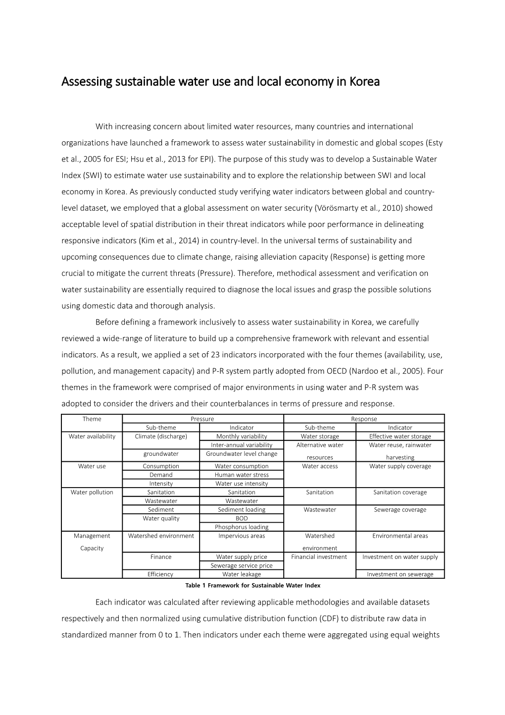 Assessing Sustainable Water Use and Local Economy in Korea