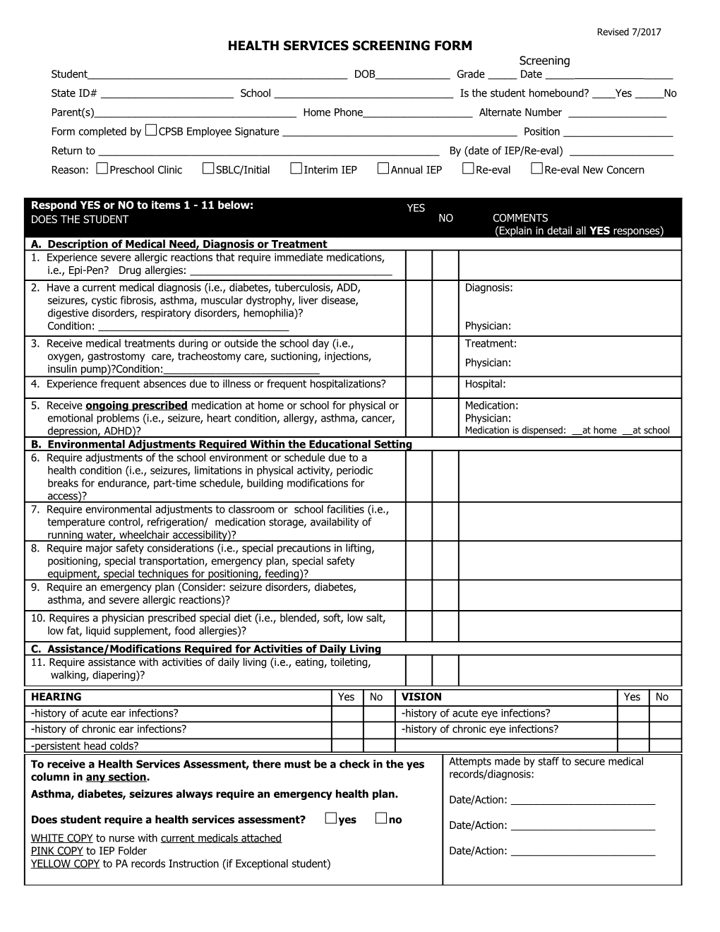 Health Services Screening Form