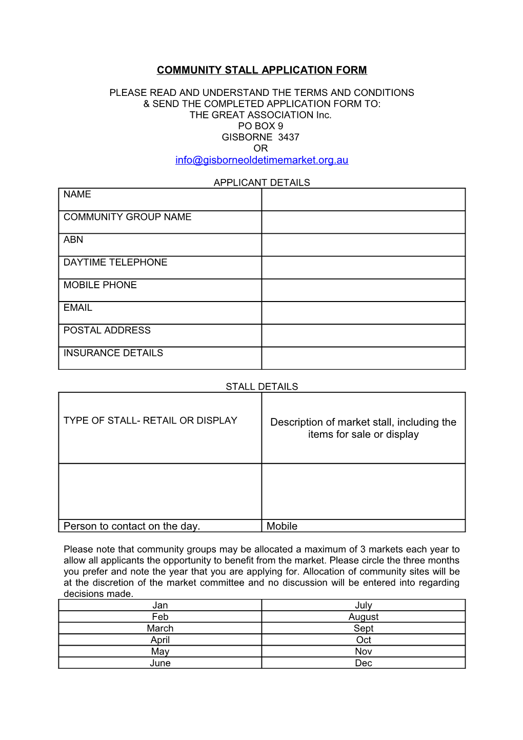 Community Stall Application Form