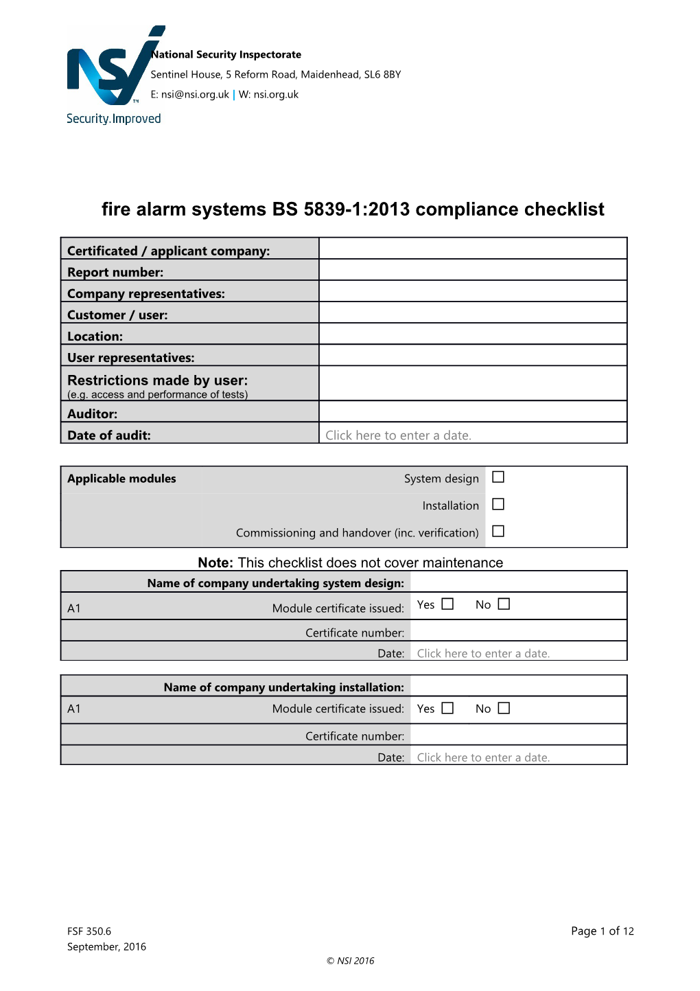 Fire Detection & Fire Alarm Systems BS 5839-1:2013 Compliance Checklist