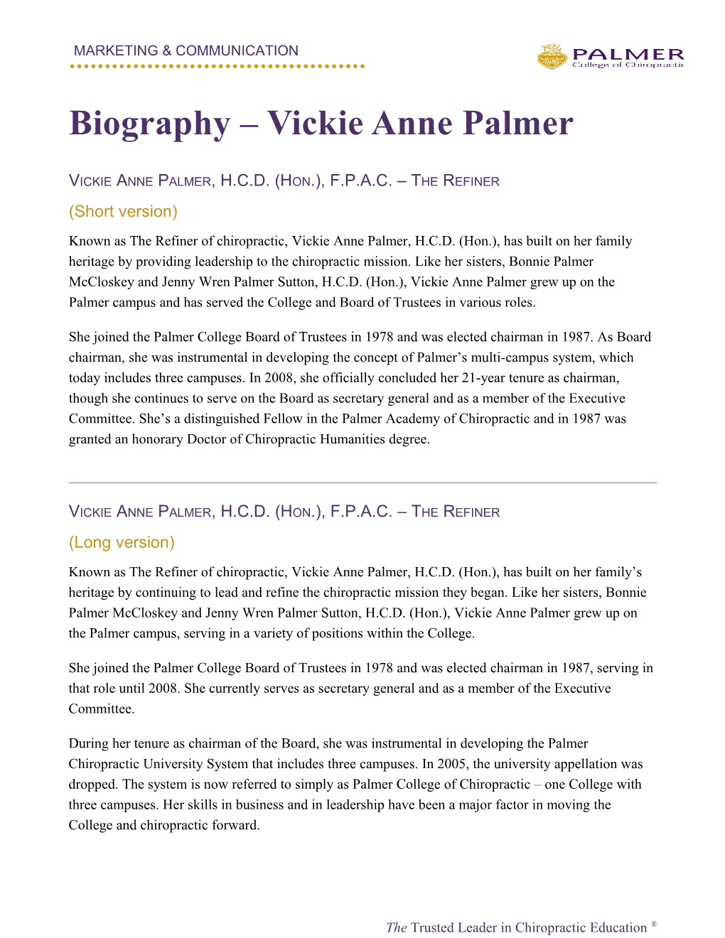Biography Vickie Anne Palmer