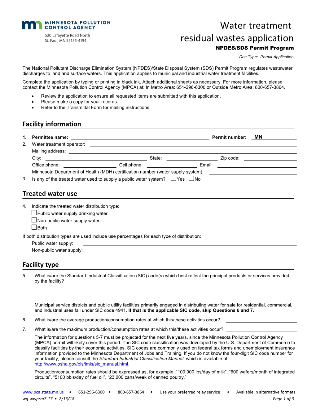 Water Treatment Residual Wastes Application Form