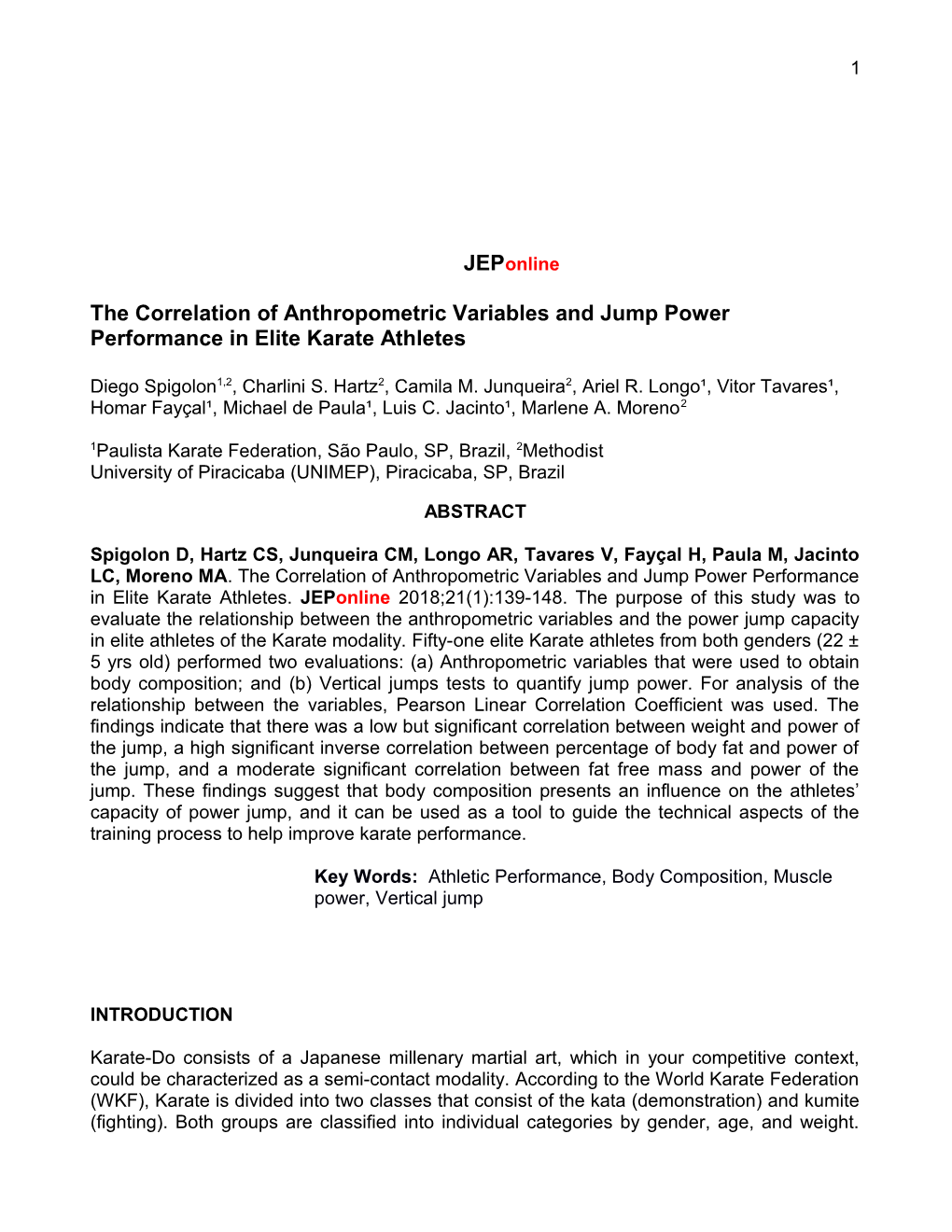 The Correlation of Anthropometric Variables and Jump Power Performance in Elite Karate