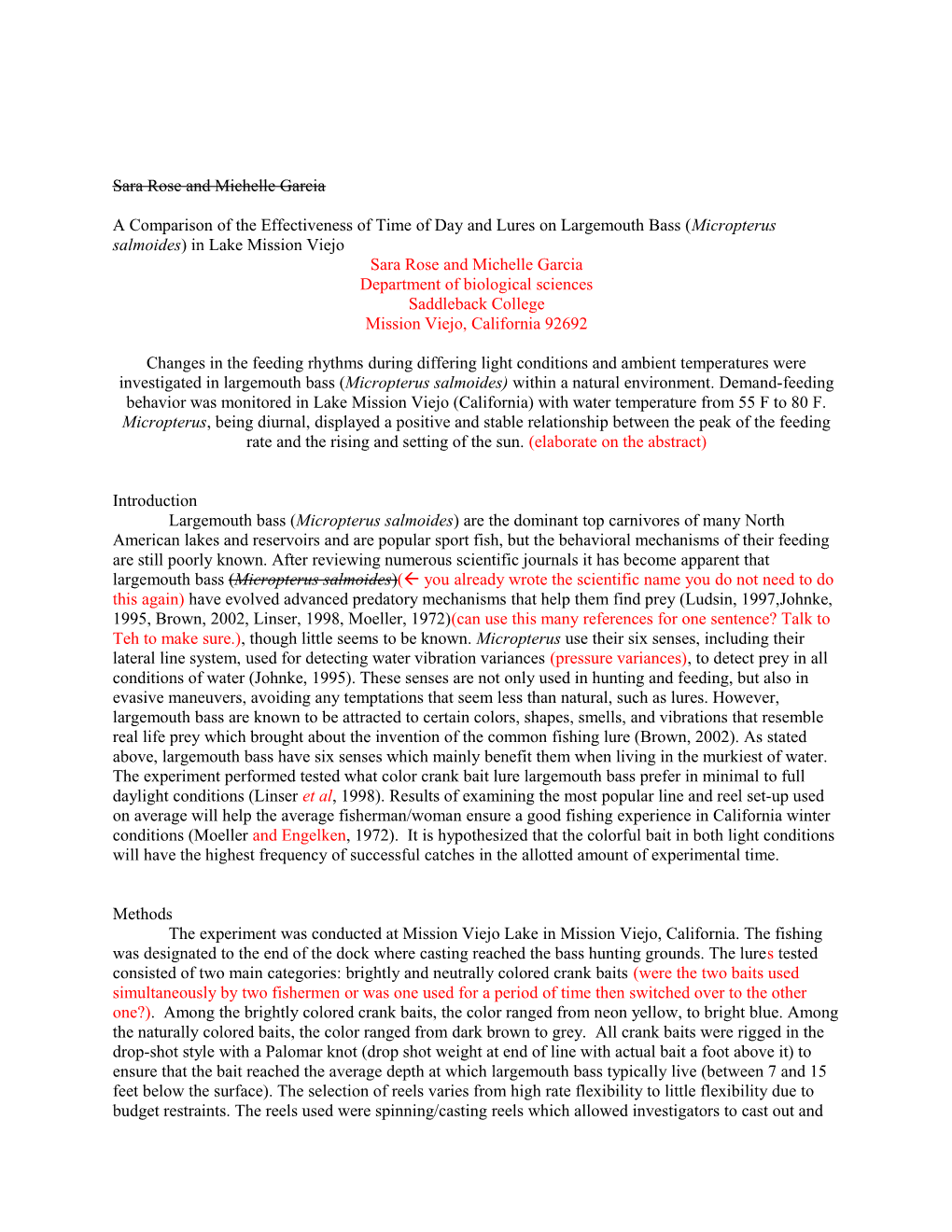 A Comparison of the Effectiveness of Time of Day and Lures on Largemouth Bass (Micropterus