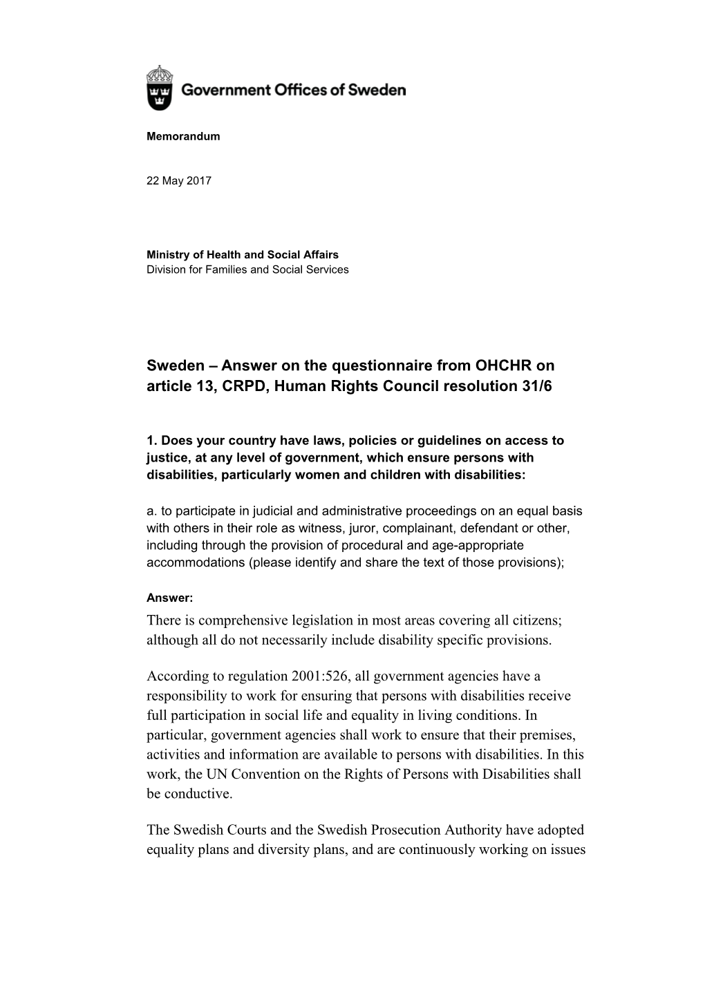 Sweden Answer on the Questionnaire from OHCHR on Article 13, CRPD, Human Rights Council