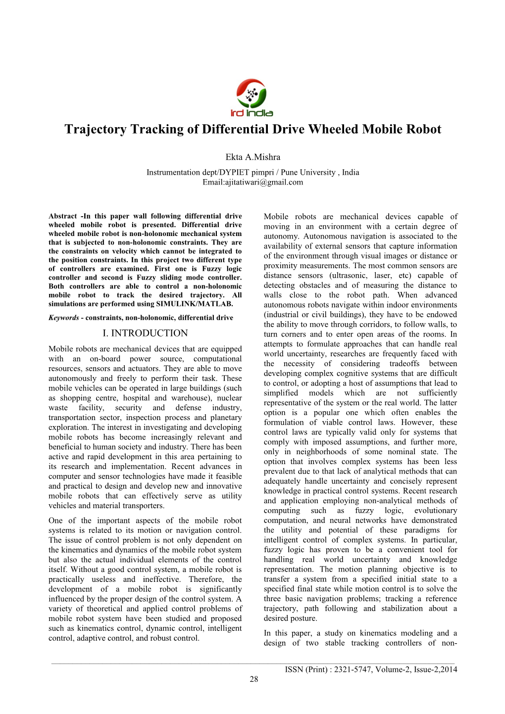 Trajectory Tracking of Differential Drive Wheeled Mobile Robot