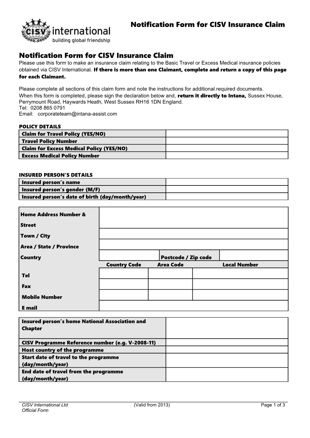 Notification Form for CISV Insurance Claim
